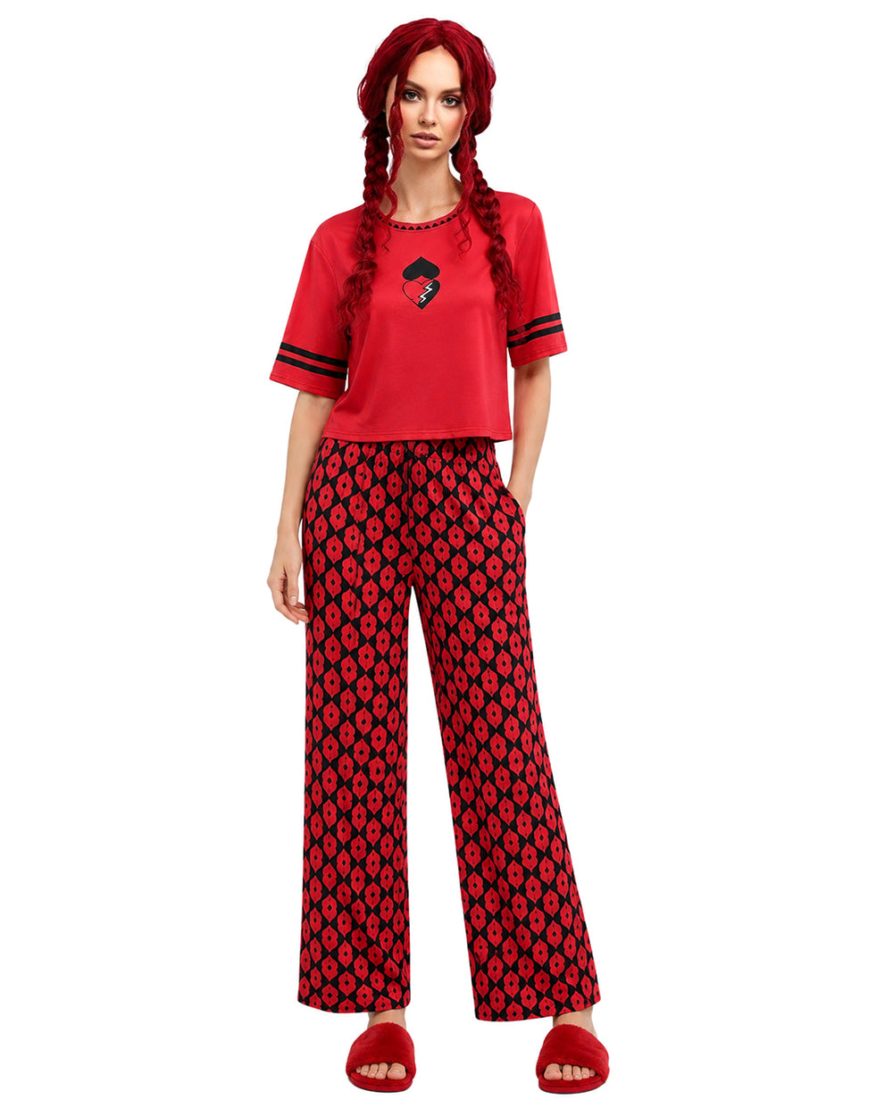 Princess Red Outfit Heart Printed T-shirt and Flared Pants for Kids Adults Dress Up Party Loungewear