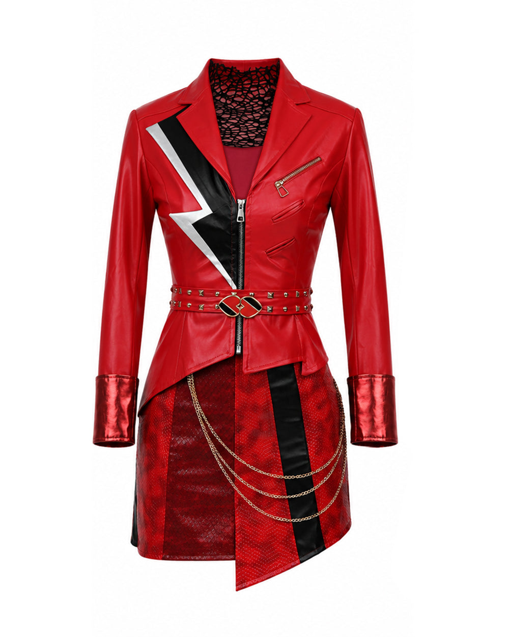 Women Red Princess Costume PU Leather Jacket Skirt Pants and Accessories 5pcs Suit for Halloween Carnival