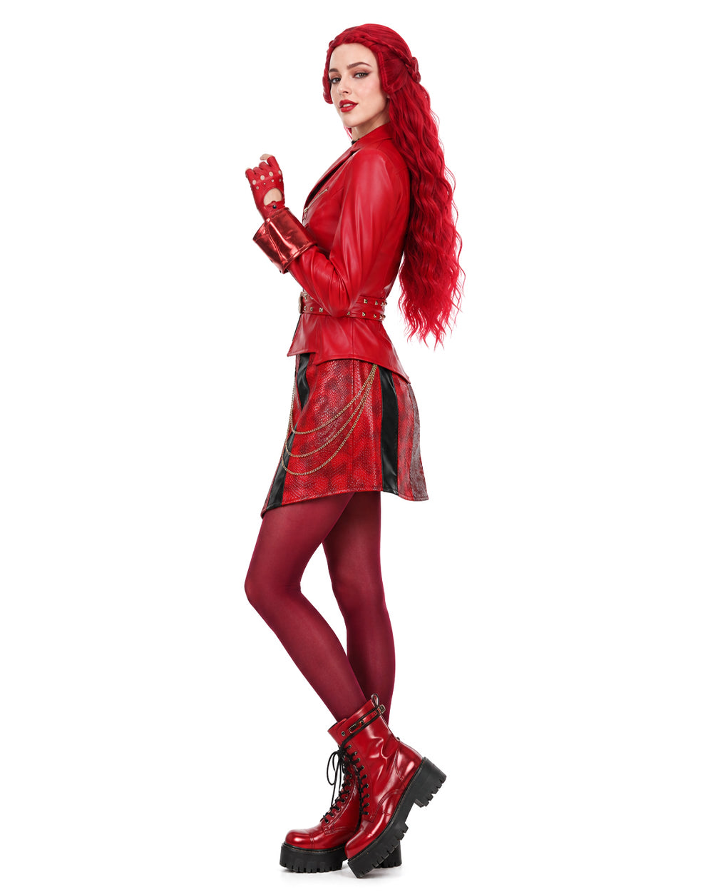 Women Red Princess Costume PU Leather Jacket Skirt Pants and Accessories 5pcs Suit for Halloween Carnival