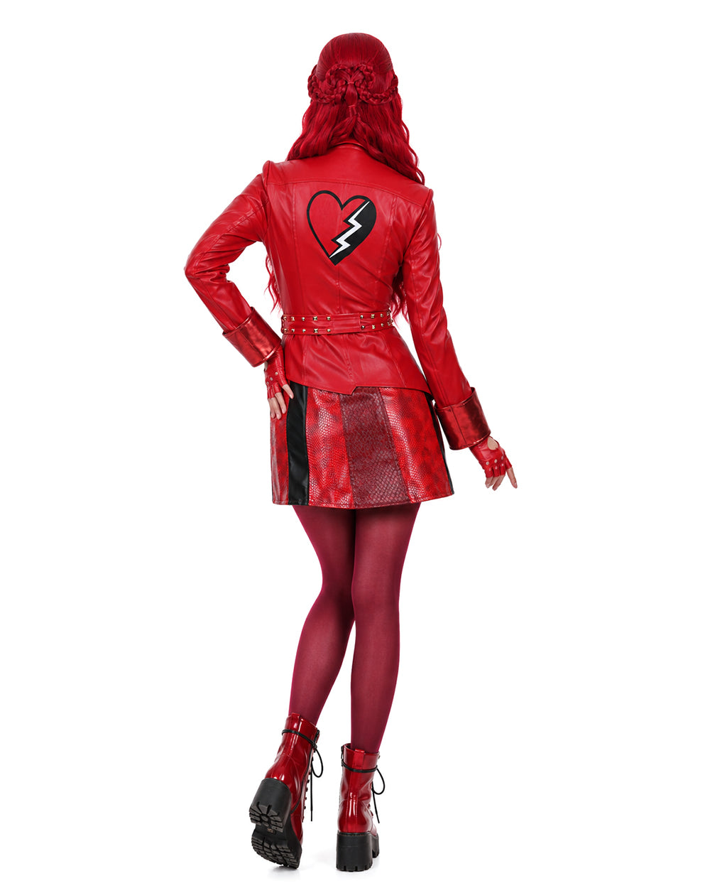 Women Red Princess Costume PU Leather Jacket Skirt Pants and Accessories 5pcs Suit for Halloween Carnival