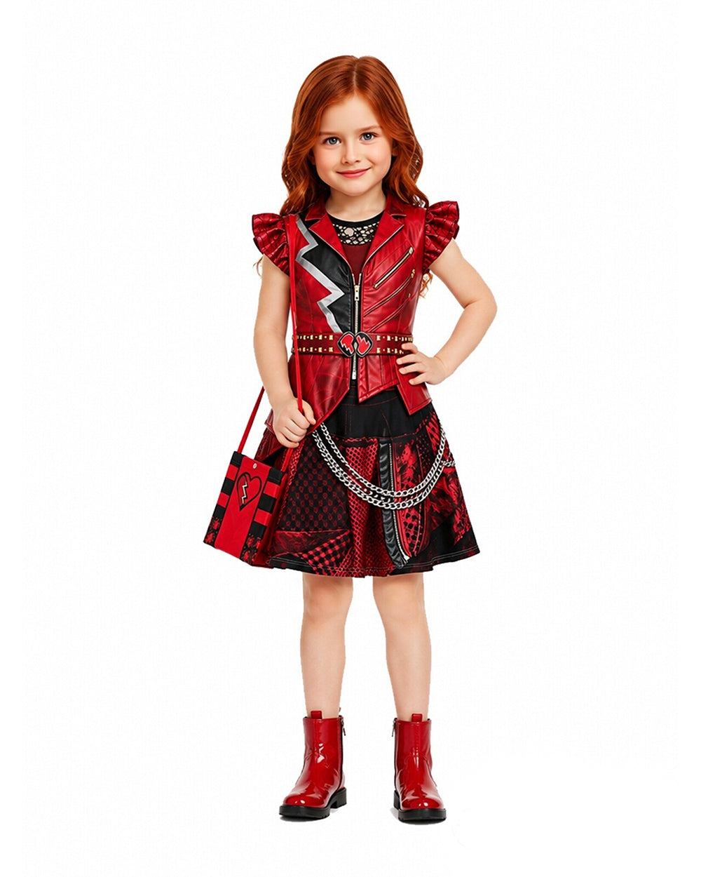 Girls Wonderland Red Princess Costume 3D Print Pink Princess Chloe Dress and Bag for Dress-up Party
