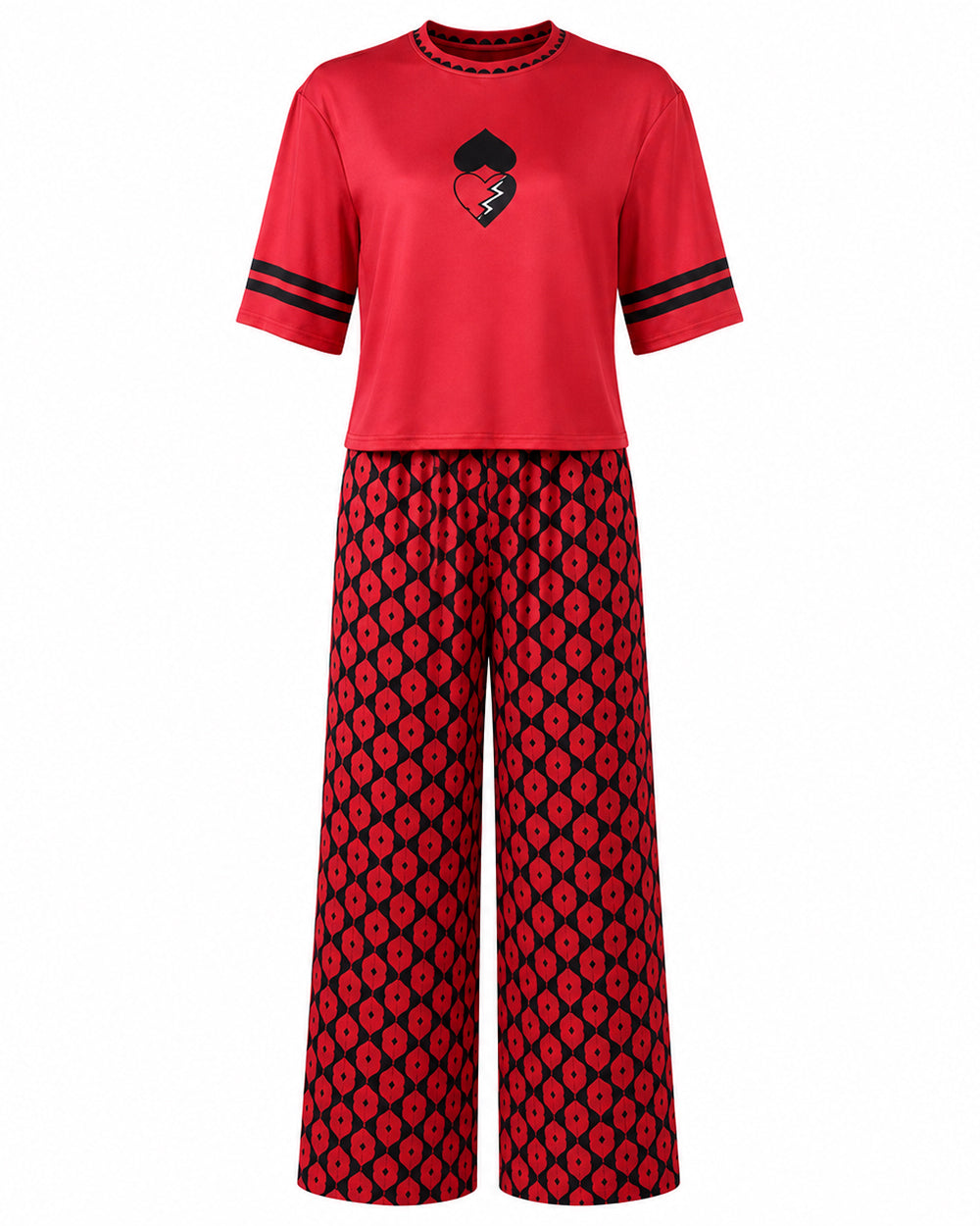 Princess Red Outfit Heart Printed T-shirt and Flared Pants for Kids Adults Dress Up Party Loungewear
