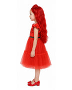 Girls Red Princess Dress Heart Print Flutter Sleeve Layered Tulle Dress for Halloween Cosplay