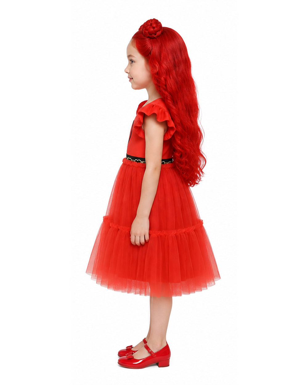 Girls Red Princess Dress Heart Print Flutter Sleeve Layered Tulle Dress for Halloween Cosplay