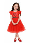 Girls Red Princess Dress Heart Print Flutter Sleeve Layered Tulle Dress for Halloween Cosplay
