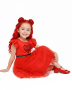 Girls Red Princess Dress Heart Print Flutter Sleeve Layered Tulle Dress for Halloween Cosplay