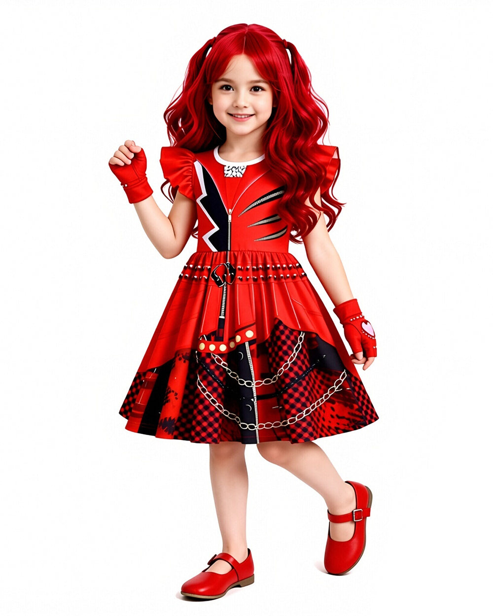 Girls Red Princess Costume Wonderland Dress Red Heart Gloves and Wig 3pcs Suit for Halloween Carnival