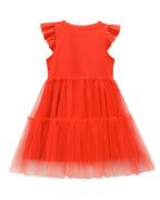 Girls Red Princess Dress Heart Print Flutter Sleeve Layered Tulle Dress for Halloween Cosplay