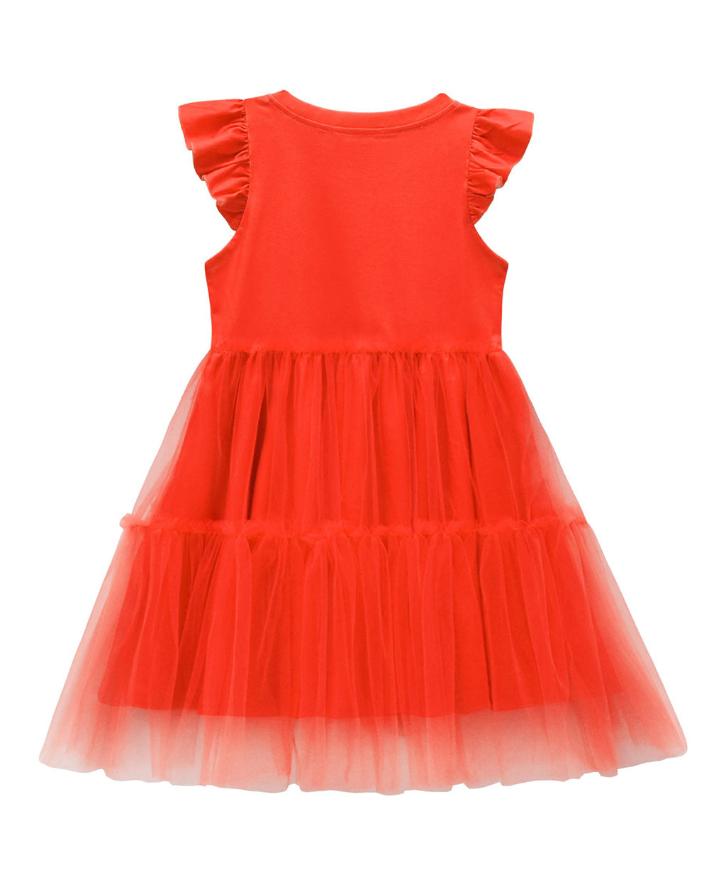 Girls Red Princess Dress Heart Print Flutter Sleeve Layered Tulle Dress for Halloween Cosplay