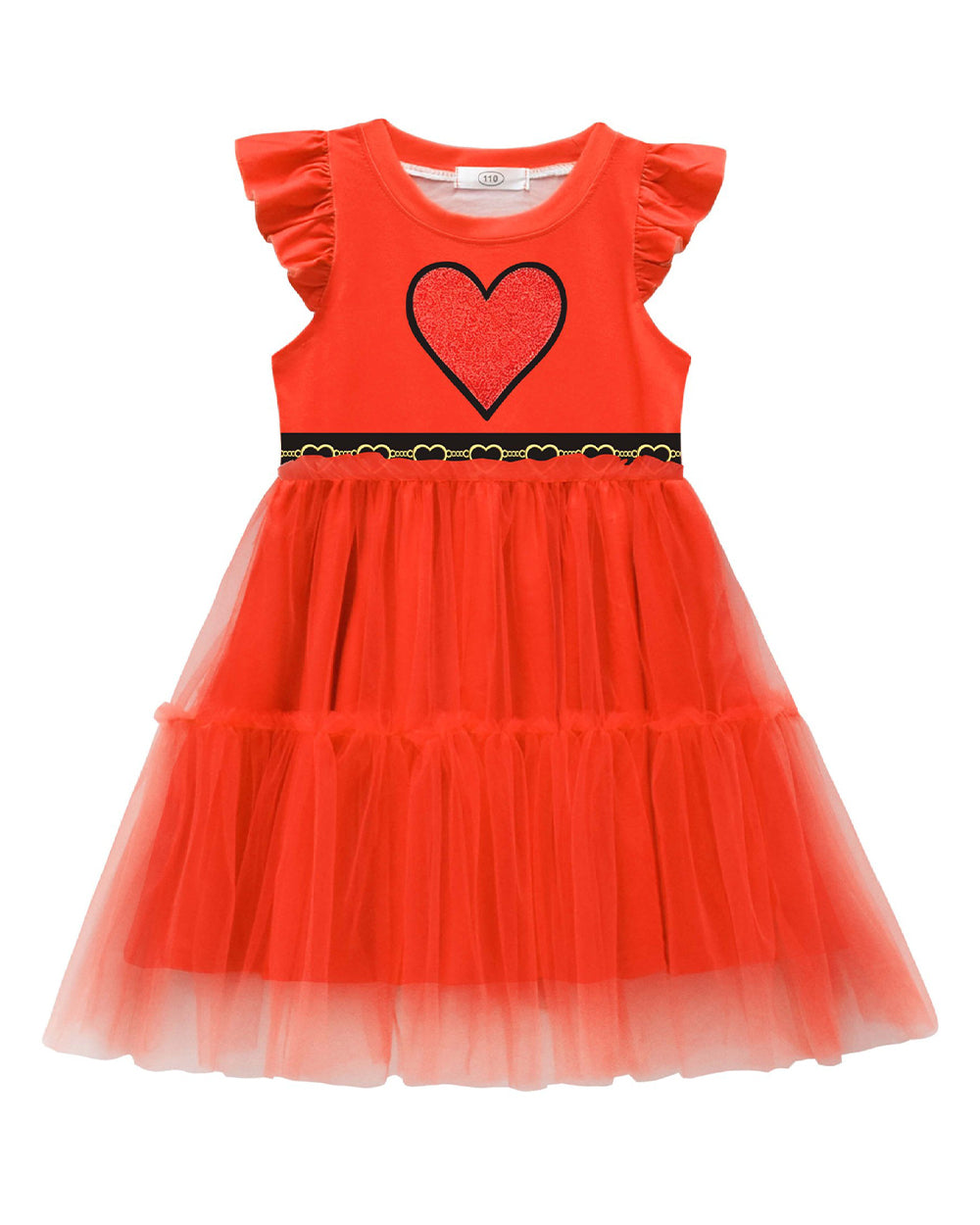 Girls Red Princess Dress Heart Print Flutter Sleeve Layered Tulle Dress for Halloween Cosplay