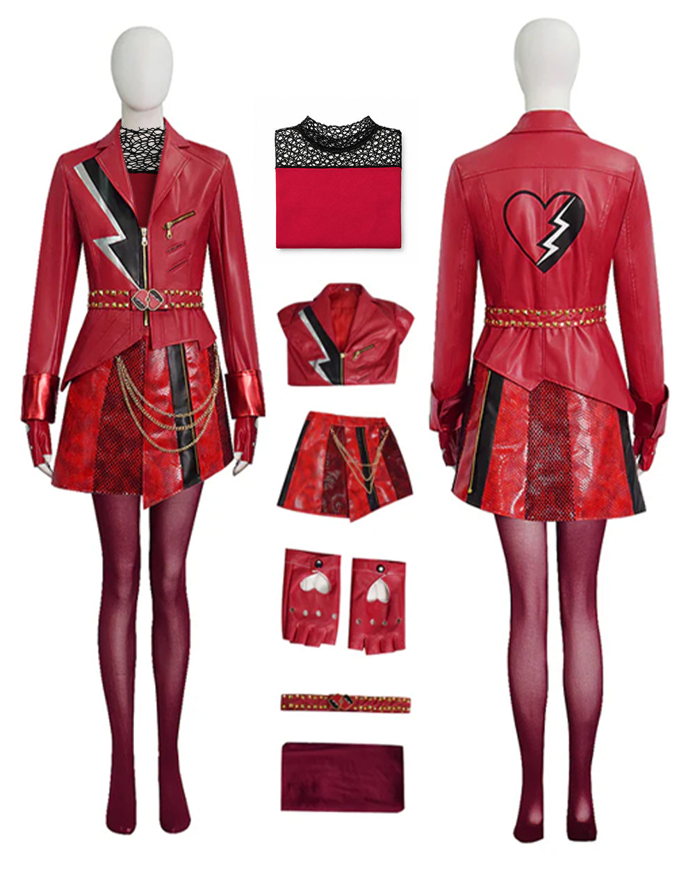 Girls Women Red Princess Costume PU Leather Jacket Skirt Pants and Accessories 6pcs Suit for Halloween Carnival