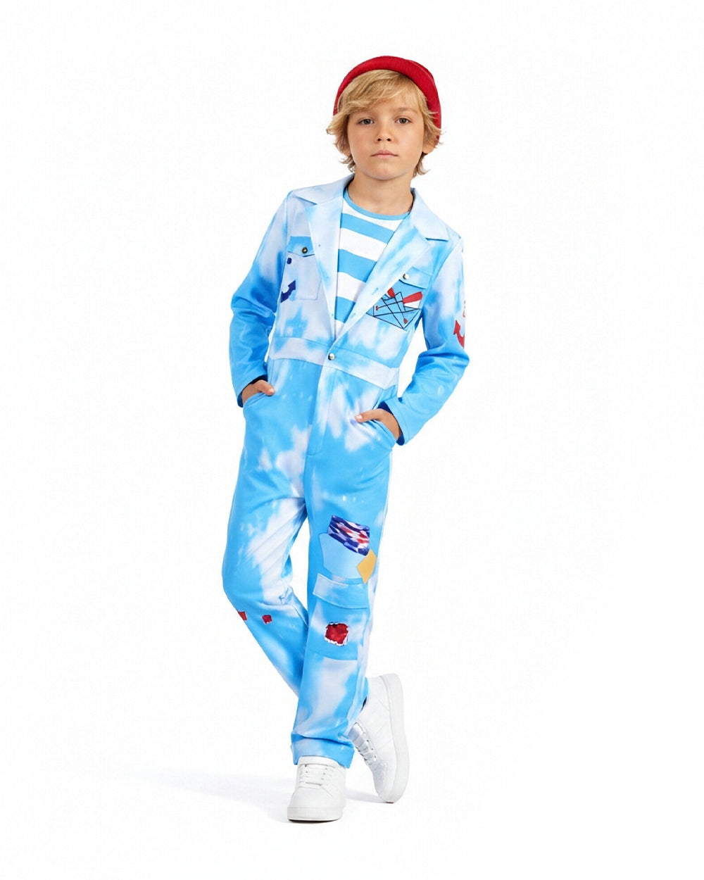 Royal Sailor Twin Costume Blue Jumpsuit with Striped Shirt and Hat for Kids Adults Halloween Cosplay Party