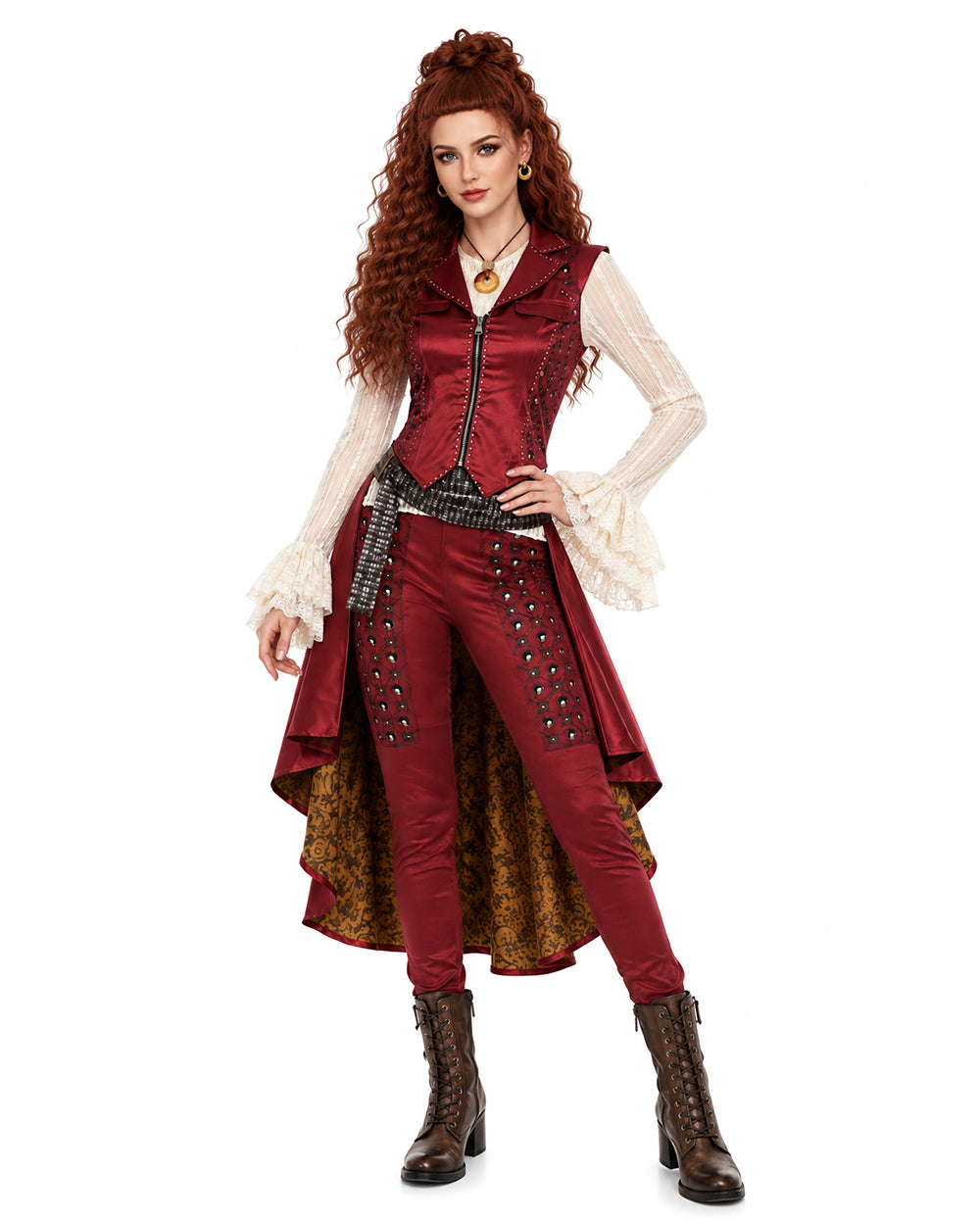 Wonderland Captain's Daughter Costume Hook Pirate Princess Vest with Attached Cape Pants Shirt and Belt for Halloween Party