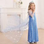 Little Girls Elsa Princess Dress Snow Queen Halloween Costume with Cape Crown Scepter and Wig 3-10 Years