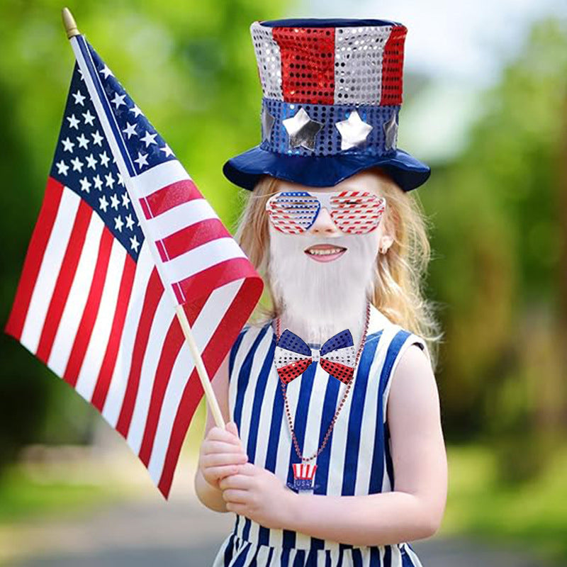 Adult Uncle Sam Outfit USA Flag Vest Hat Glasses Beard Bowknot and Necklace 6pcs Costume 4th of July Clothes