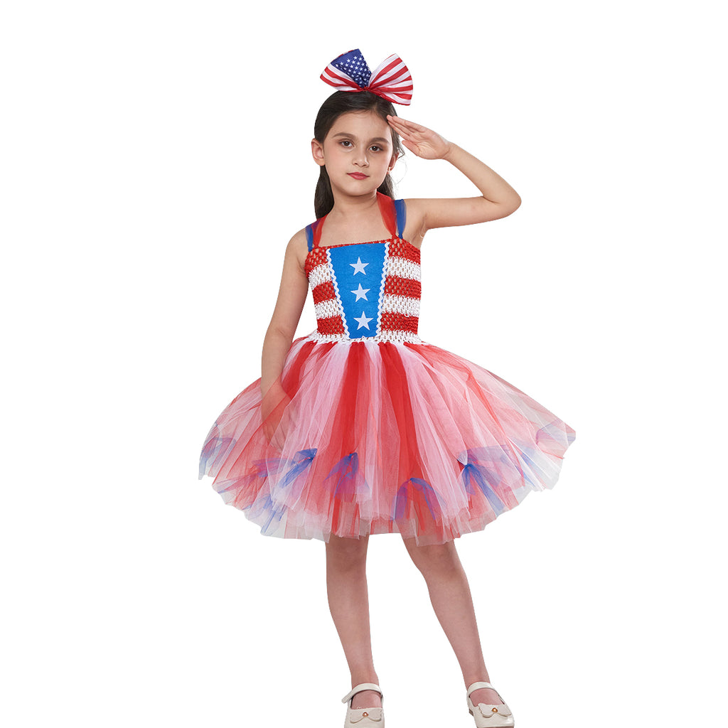 Girl American Flag Dress and Headband 4th of July Clothes for National Day Parade