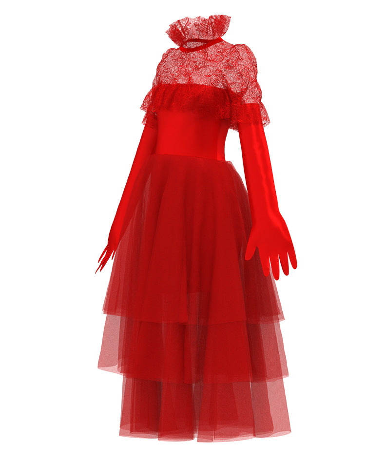 Adult Lydia Deetz Outfit Beetle Bride Red Wedding Dress Gothic Cosplay Costume with Veil and Gloves
