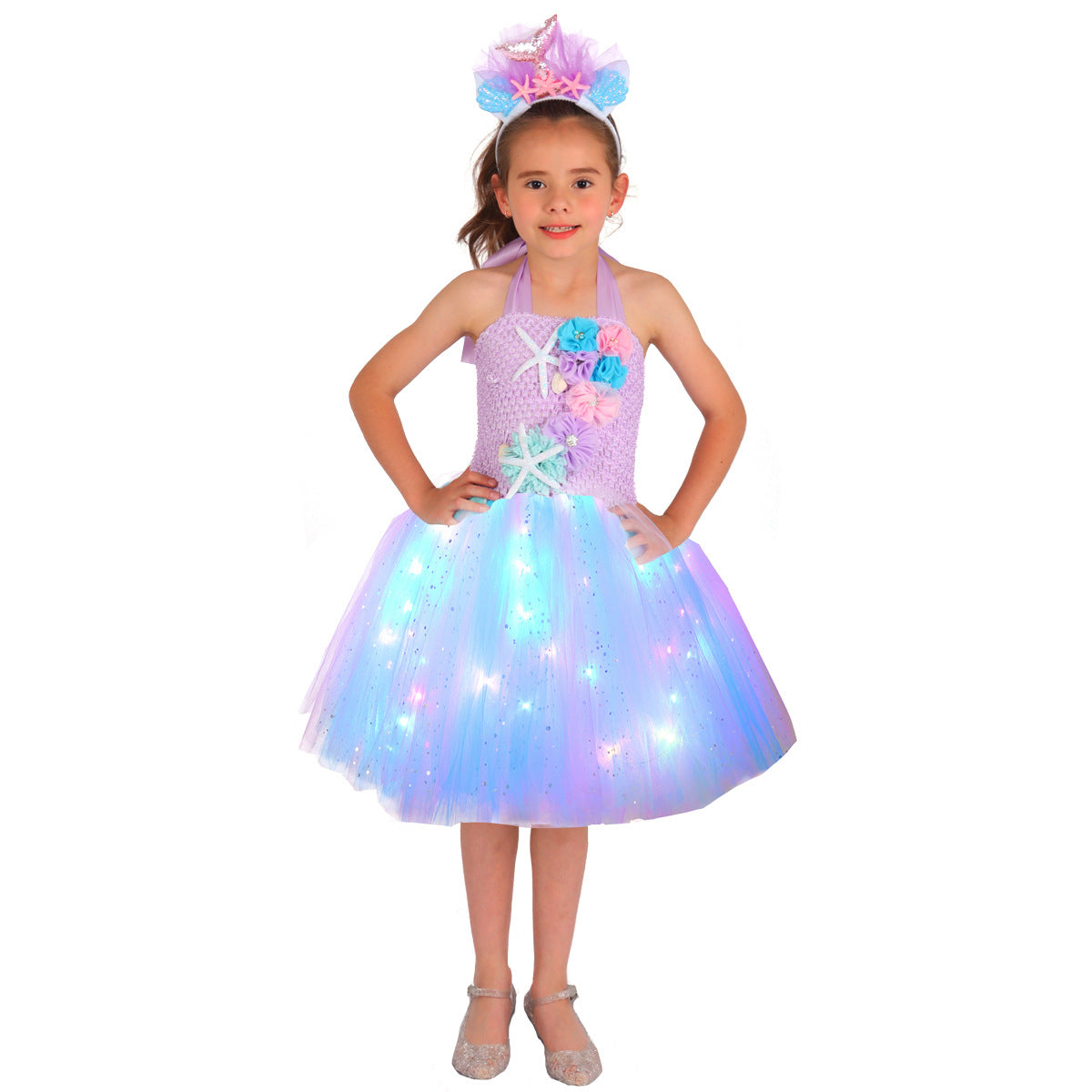 Light Up Princess Dress Mermaid Tutu Dress Glowing Birthday Dress with Headband