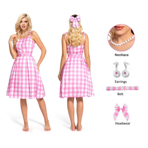 Pink Barbara Plaid Dress with Earrings Necklace and Headwear Included Beach Vacation Dress Up