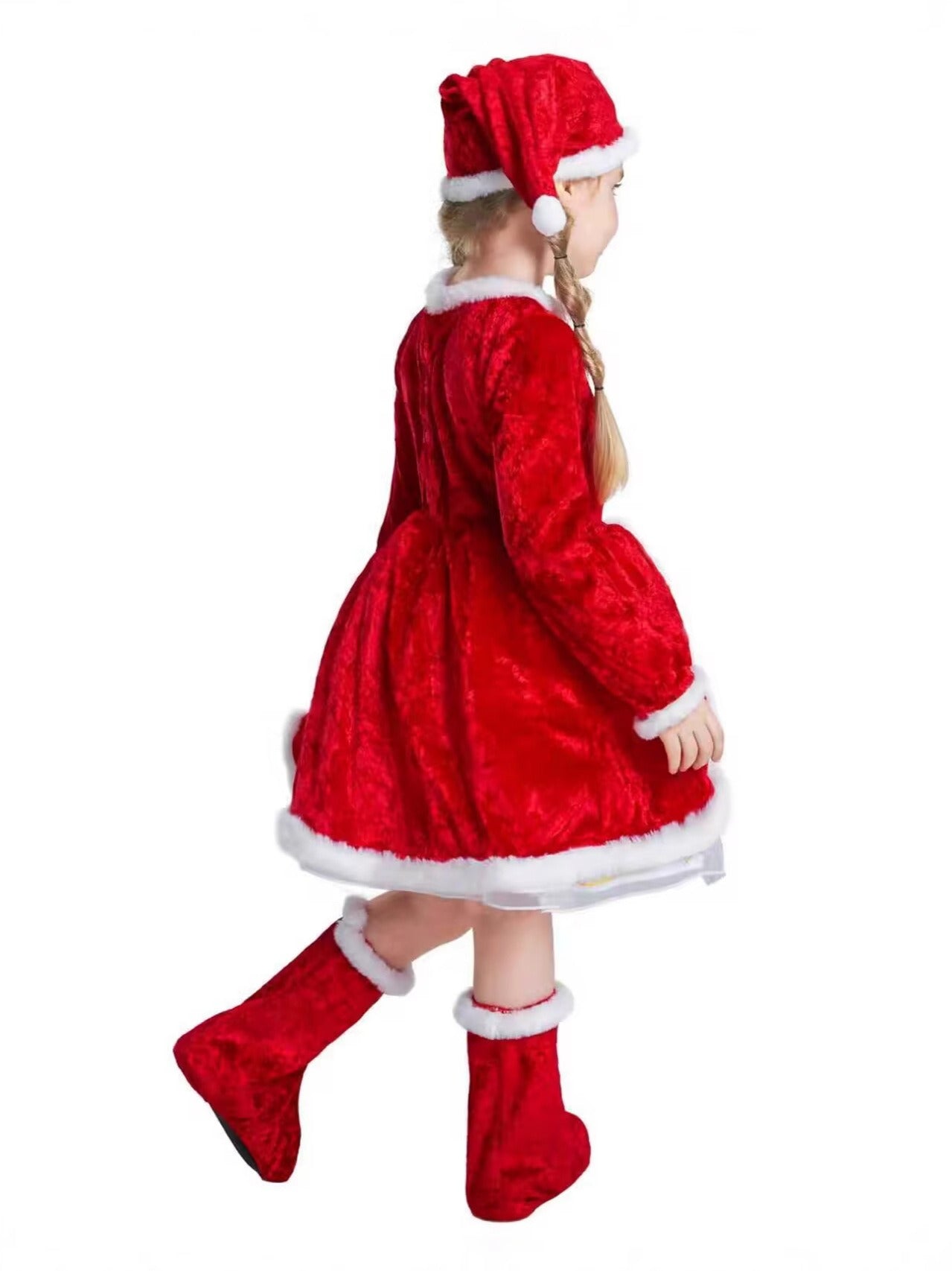 Girls Christmas Dress Soft Velvet Santa Costume Holiday Long Sleeve Party Outfit