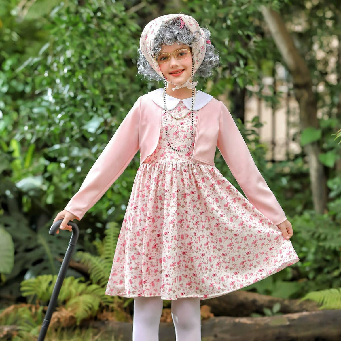 Girls 100 Days of School Old Lady Costume Grandma Cosplay Outfit Dress Wig Walking Stick Full Set