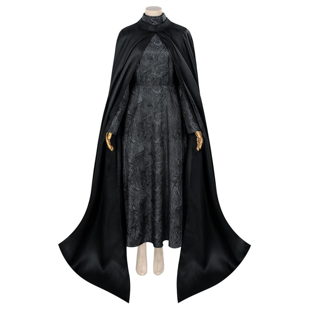 Women Evil Witch Costume Black Brocade Gown with Long Cape Witch Hat for Cosplay