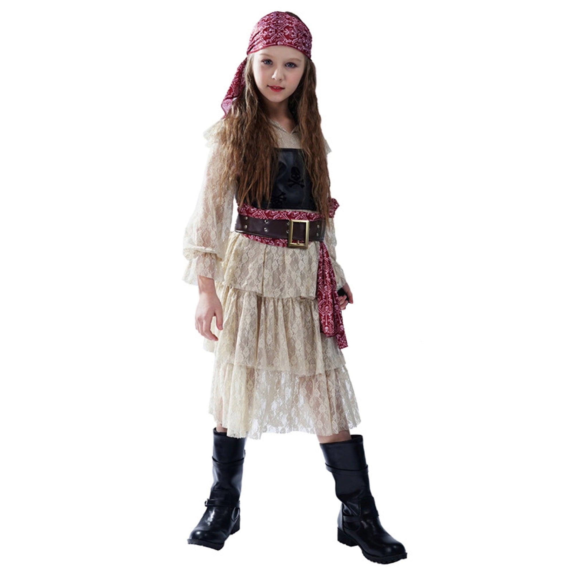 Girls Halloween Pirate Dress Childrens Pirate Costume with Vest Belt and Bandana for Cosplay