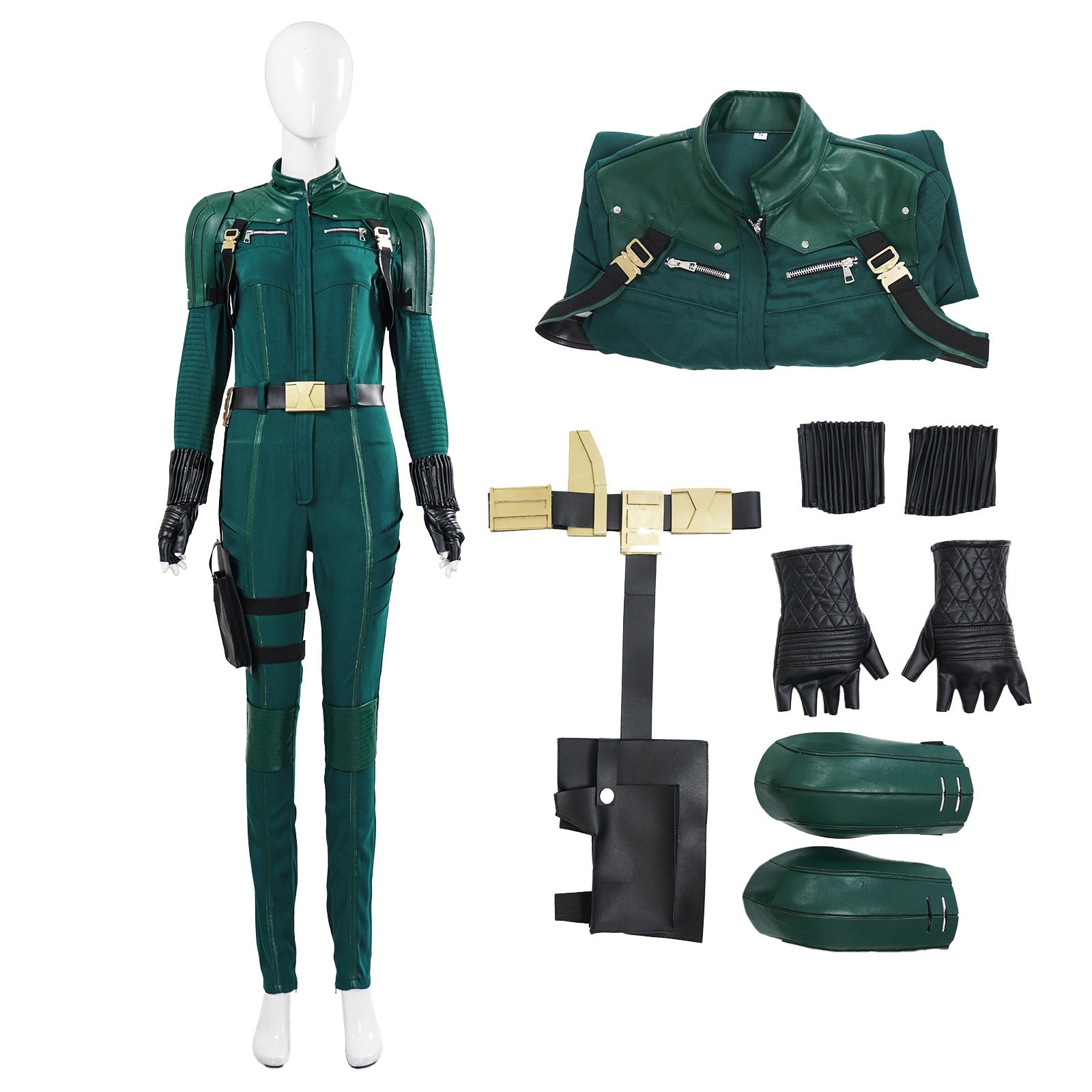 Women Yelena Belova Costume PU Leather Green Jumpsuit with Accessories for Cosplay