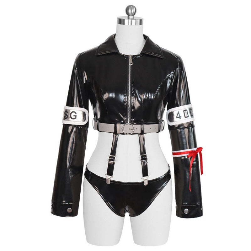 Female Devil Child Costume Black Egghead Island Cropped Jacket and Leather Panty Outfit