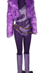 Pop Star Performance Costume Purple Sparkling Sequin Jumpsuit and Faux Fur Coat Outfit