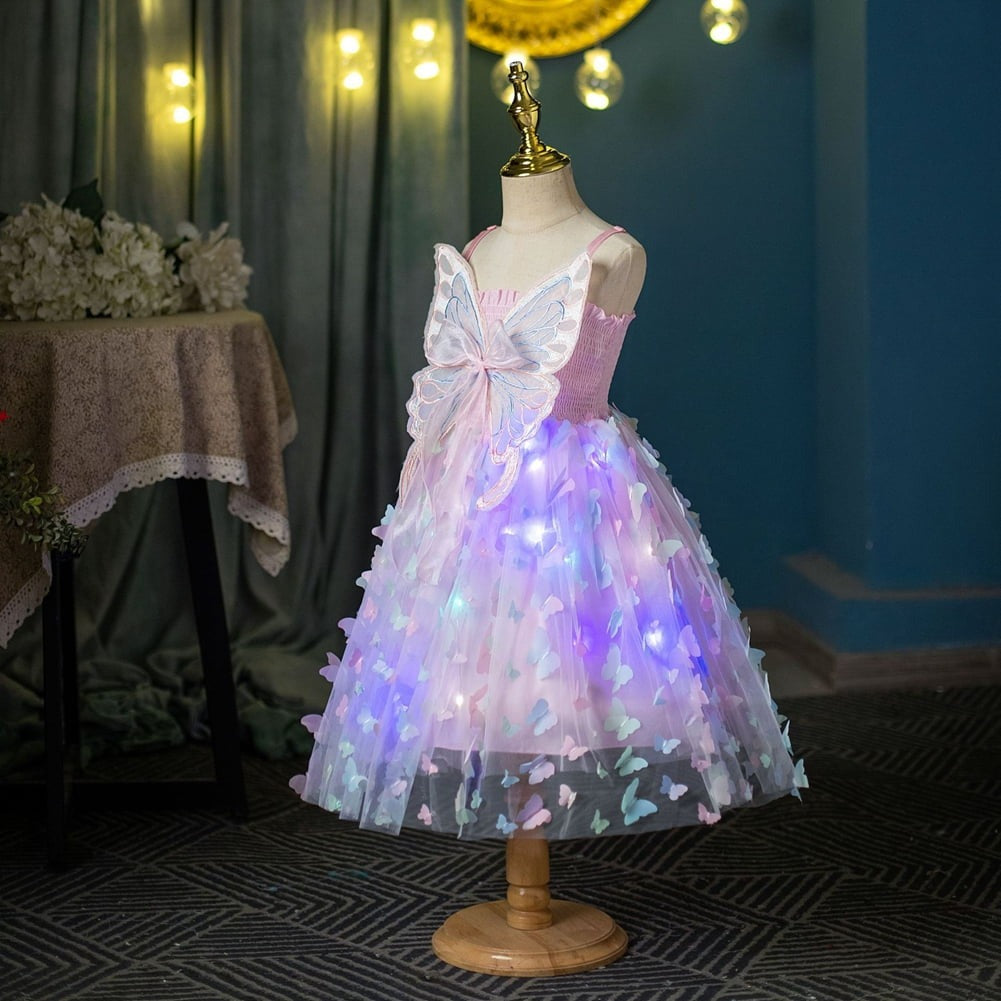 Girls Glow Party Dress Light Up Butterfly Tulle Gown with 3D Wing Sparkly Fairy Costume with Colorful Lights