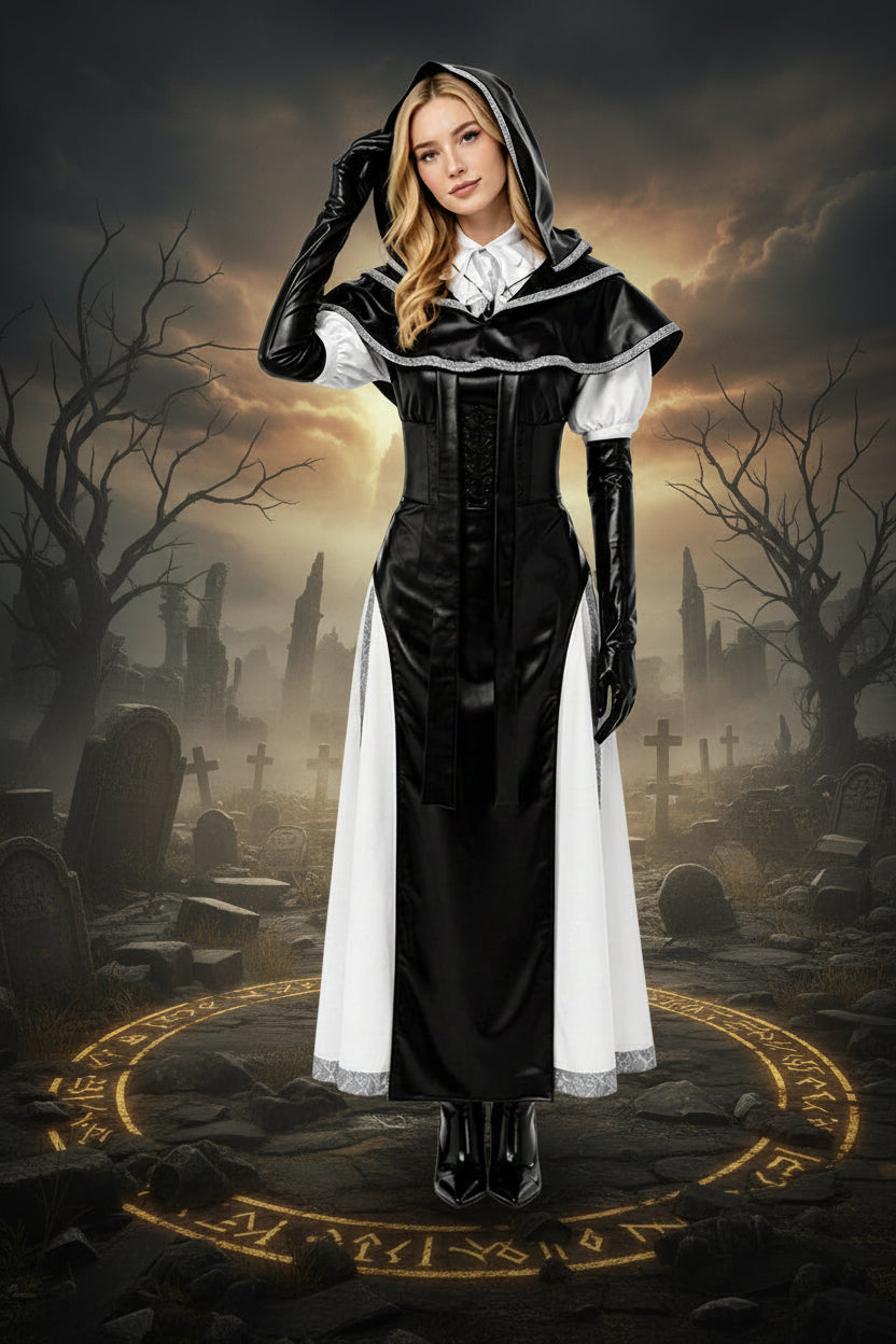 Women's Undertaker Costume Black Gothic Priestess Cosplay Dress with Hood for Halloween Carnival Parties