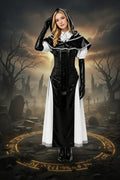 Women's Undertaker Costume Black Gothic Priestess Cosplay Dress with Hood for Halloween Carnival Parties