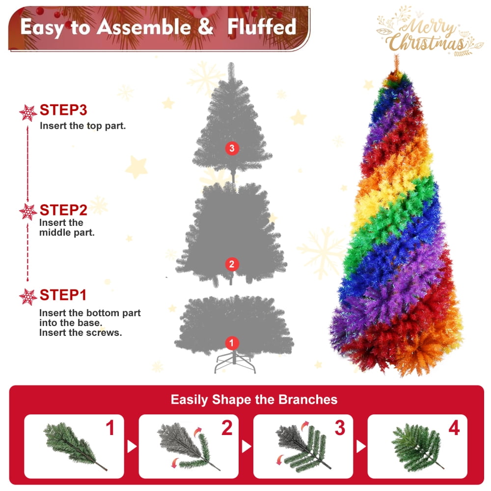 6ft Rainbow Christmas Tree Full Fir Hinged Xmas Tree Spiral Design Holiday Decoration
