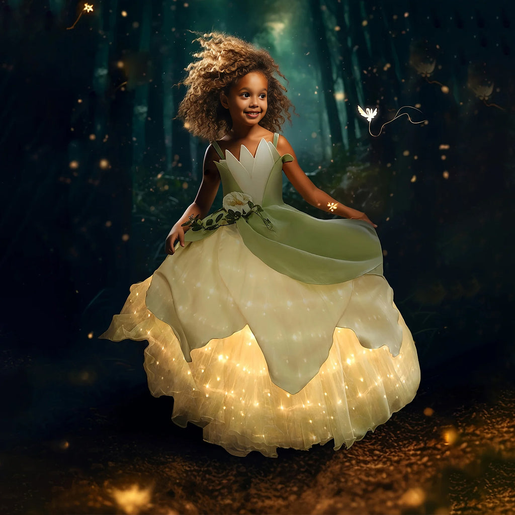 Girls Tiana LED Dress Froggy Princess Light Up Cosplay Costume Offshoulder Ball Gown