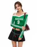 Mexico Womens Shirt Green Soccer Jersey Lace Strap Off Shoulder Ruched Tee for Sports Bar Game Night