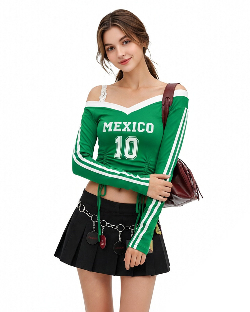 Mexico Womens Shirt Green Soccer Jersey Lace Strap Off Shoulder Ruched Tee for Sports Bar Game Night