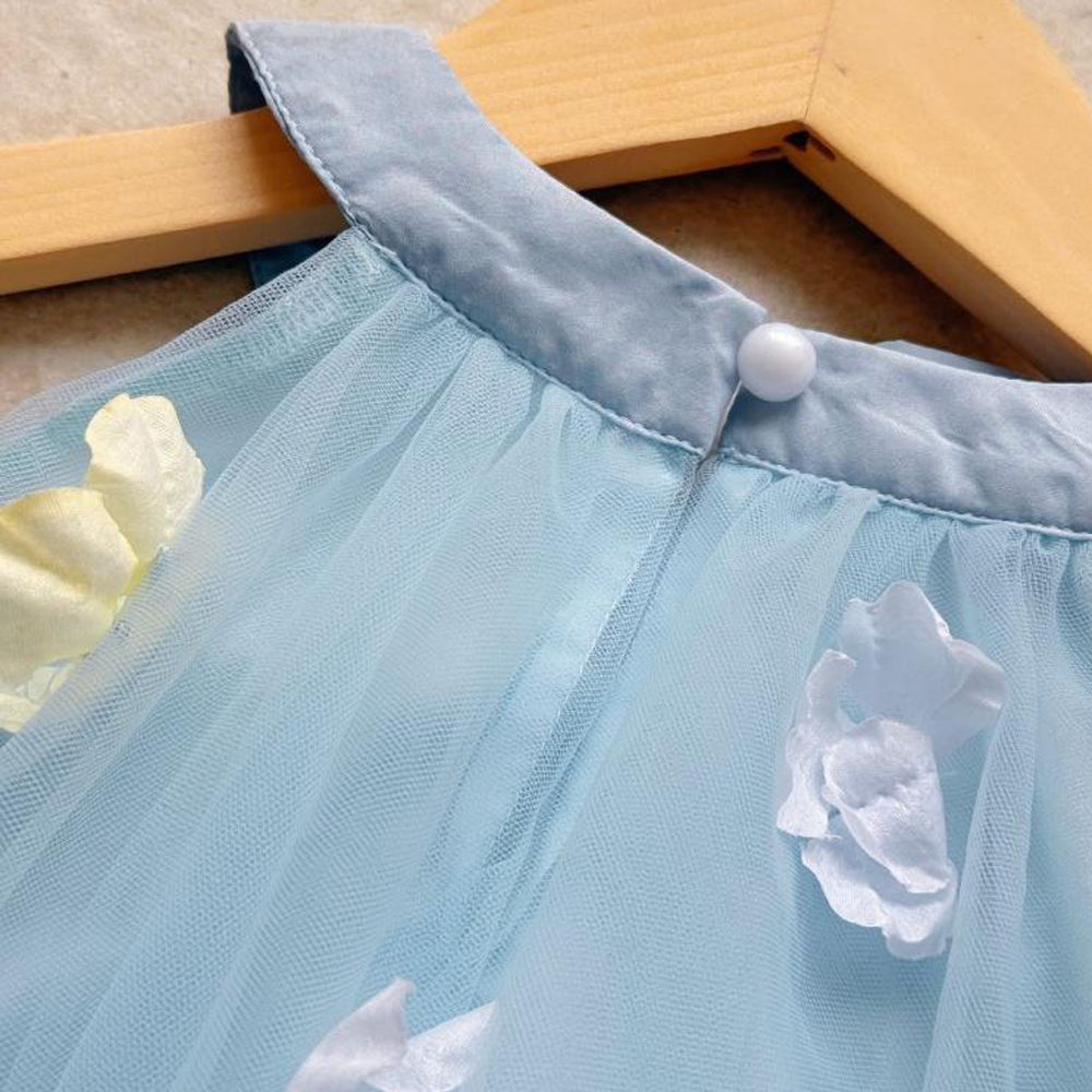 Flower Girl Dresses Cute Blue Sleeveless Tulle Princess Party Dress with 3D Floral Appliques