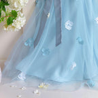 Flower Girl Dresses Cute Blue Sleeveless Tulle Princess Party Dress with 3D Floral Appliques