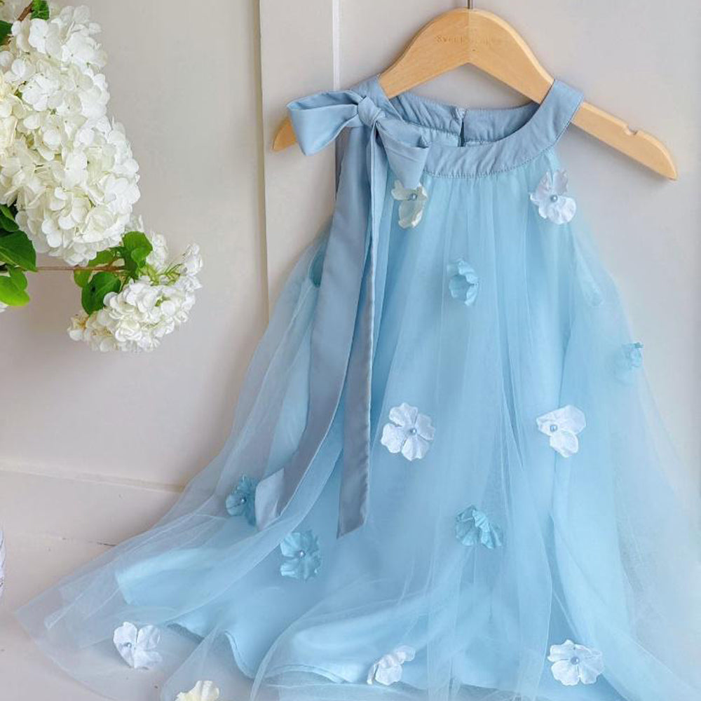 Flower Girl Dresses Cute Blue Sleeveless Tulle Princess Party Dress with 3D Floral Appliques