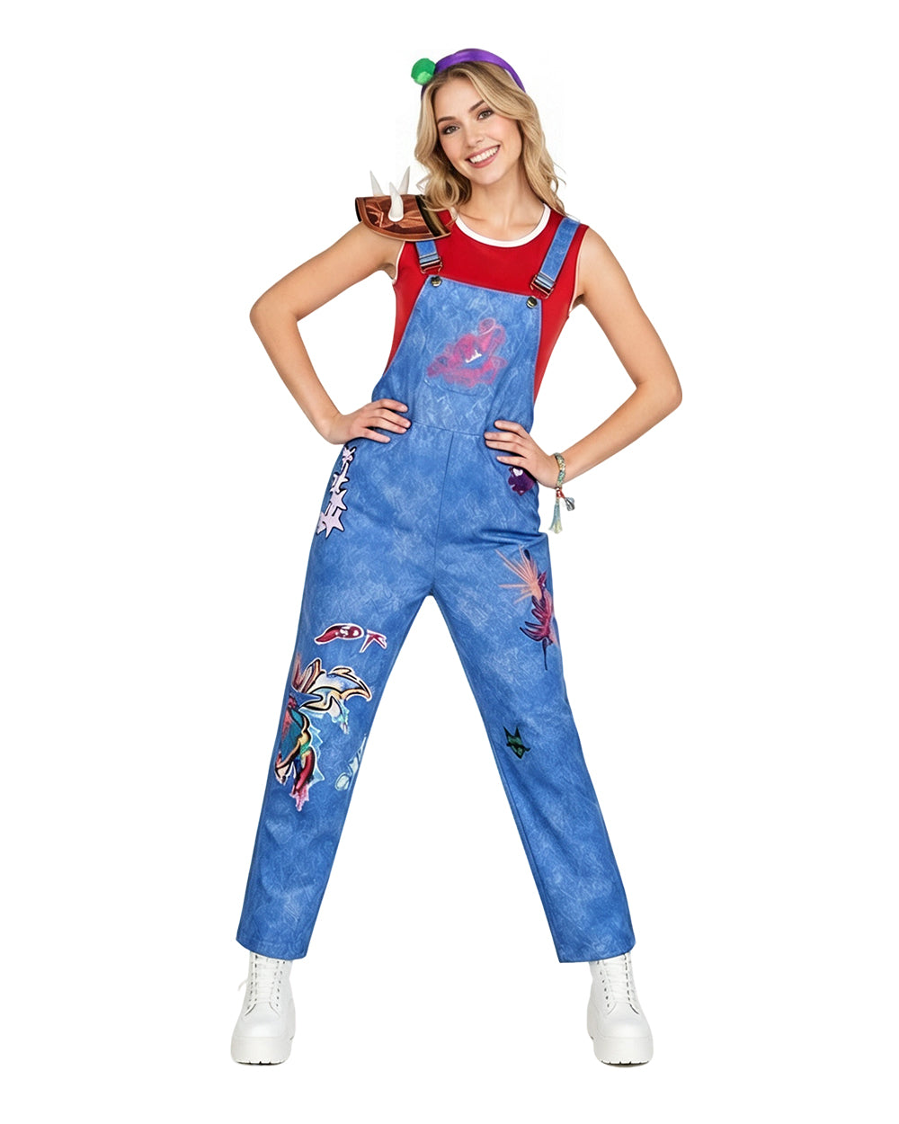 Island Adventure Outfit Red Shirt Overalls Shoulder Pad and Accessories 5pcs Suit for Kids Adults Dress-up Party