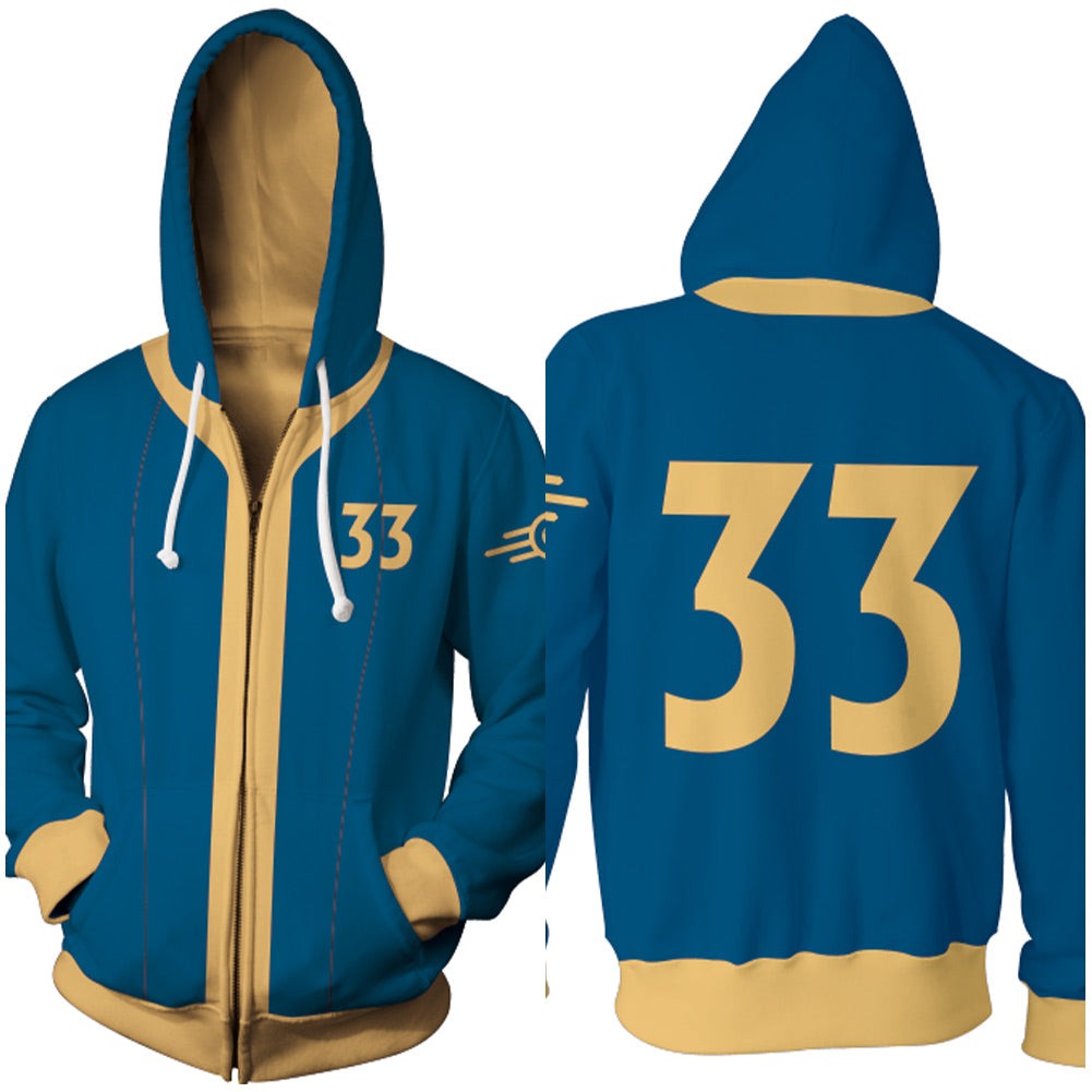 Vault 33 Costume Unisex Zip Up Hoodie Vault Dweller Sweatshirt with Plus Size for Game Player