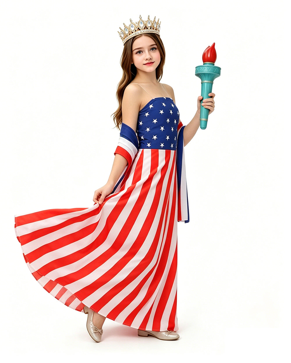 Girls 4th of July Outfits Independence Day American Flag Dress Shawl and Accessories for Patriotic Parades