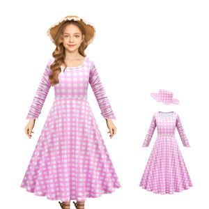 Girls Barbiecore Costume Pink Plaid Dress Long Sleeve Outfit with Hat Necklace for Halloween Cosplay