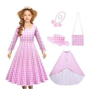 Girls Barbiecore Costume Pink Plaid Dress Long Sleeve Outfit with Hat Necklace for Halloween Cosplay