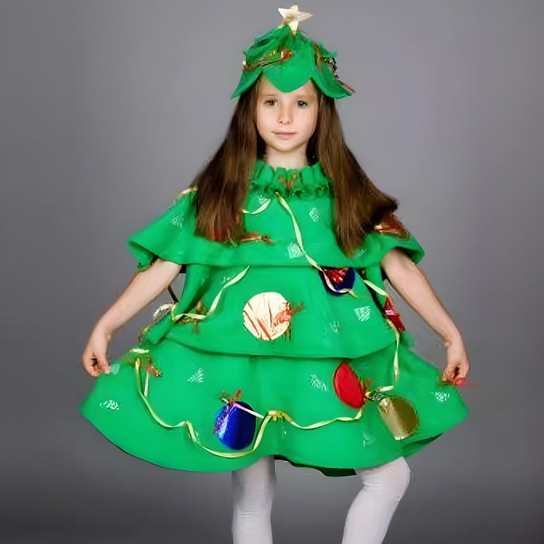 Girls Christmas Costume Xmas Tree Dress and Hat Green Outfit for Party