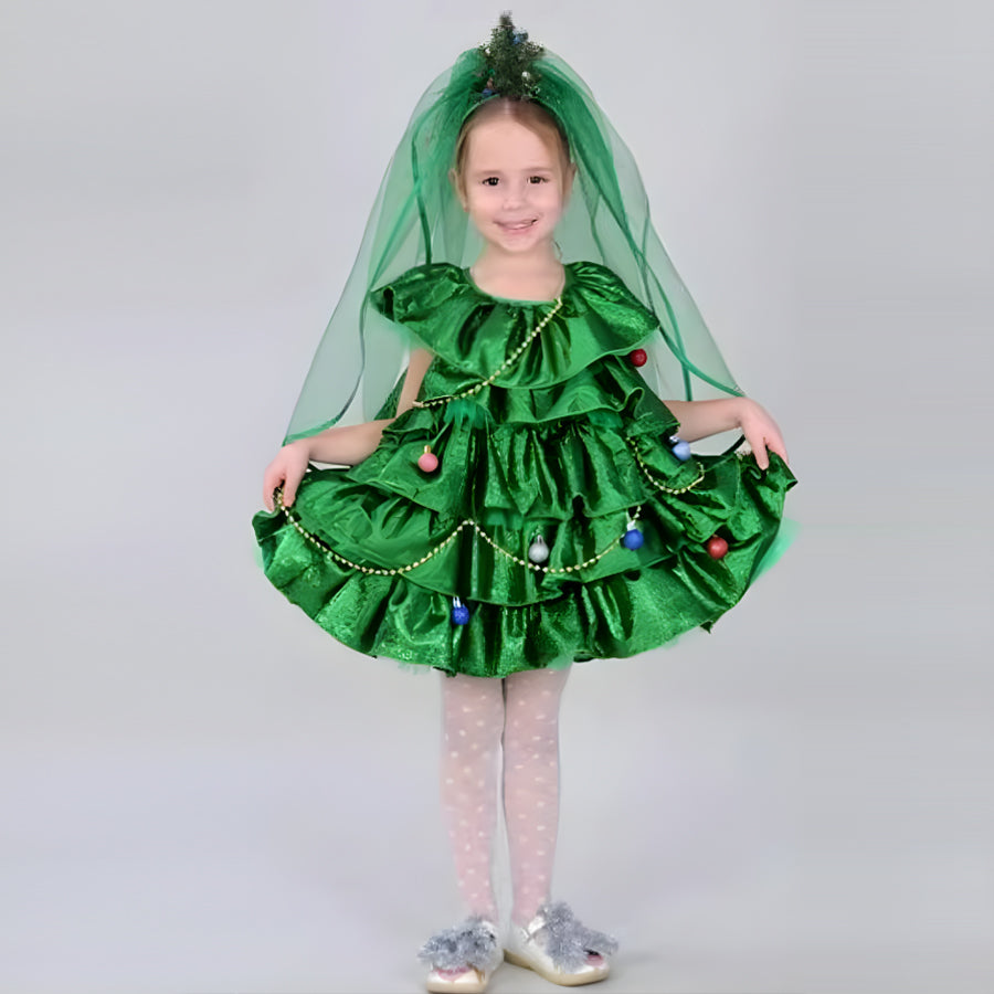 Girls Christmas Costume Xmas Tree Dress and Hat Green Outfit for Party