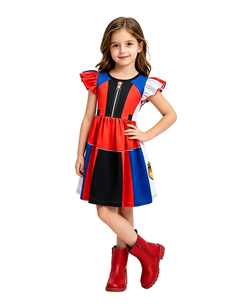 Girls Evie Costume Fly Sleeve Dress with Blue Wig for Halloween Cosplay