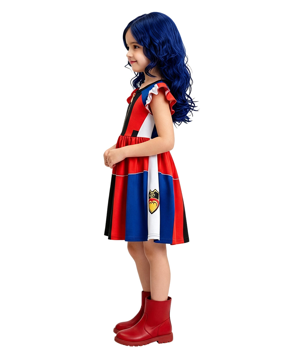 Girls Evie Costume Fly Sleeve Dress with Blue Wig for Halloween Cosplay