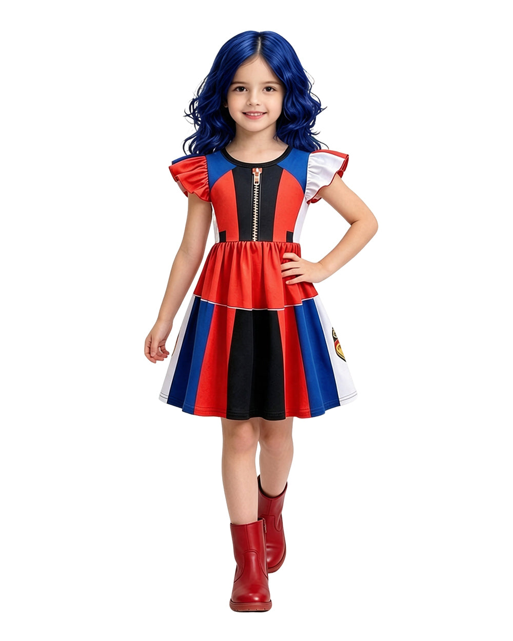 Girls Evie Costume Fly Sleeve Dress with Blue Wig for Halloween Cosplay